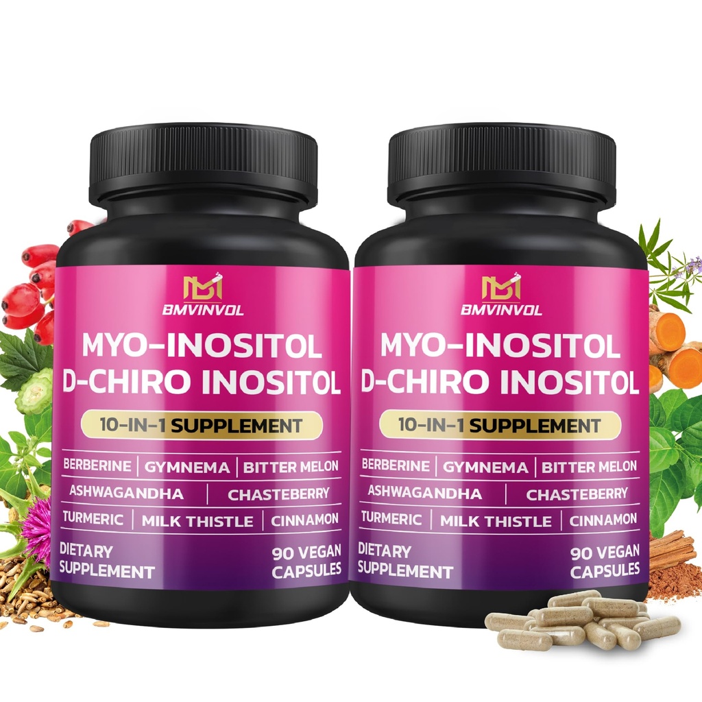 BMVINVOL 2 Pack Inositol Supplement- Myo-Inositol a D- Chiro Inositol Ideal 40: 1 Poměr - Plus Berberine, Skořice, Ashwagandha + 5 More- 60 Day Supply