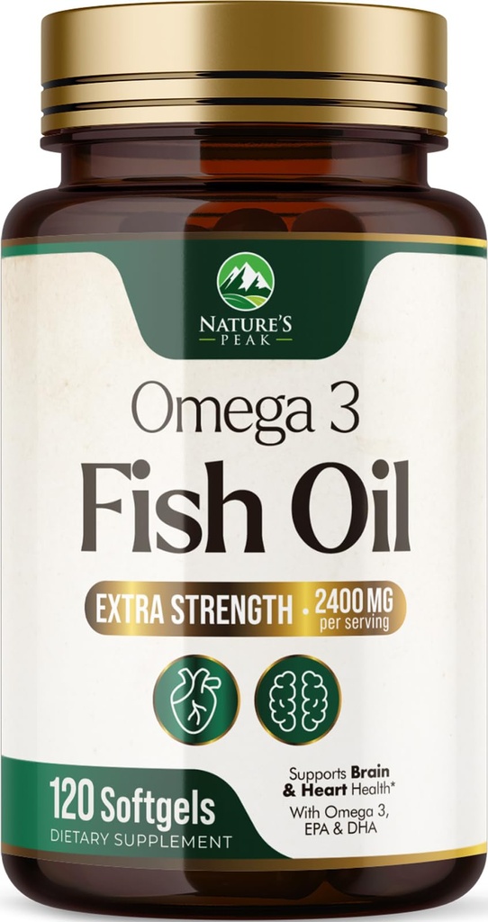 Omega 3 Fish Oil 2400 mg dodatek, Udržitelně sourced, Triple Strengless Omega33 Dodatek Softgels, Brain Health Support, EPA & DHA Fish Oil Fatty Acids doplňky, gluten & GMO zdarma, 120 Softgels