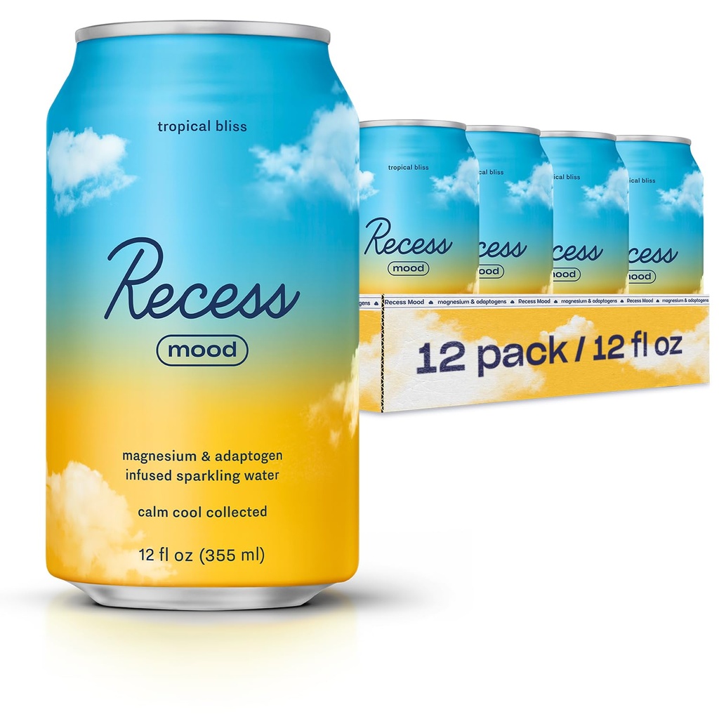 Recess Mood Magnesium & Adaptogen Drink, Relaxační nápoje, 12 Ounce (Tropické Bliss, 12 Pack)