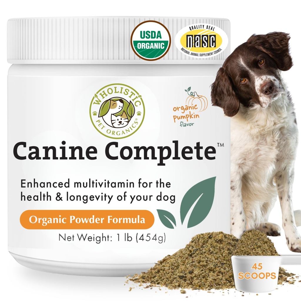 Wholistic Pet Organics Canine Complete - Pes Multivitamin Powder - 1 Lb - Denní psí vitamíny a doplňky pro domácí potraviny - imunitní systém, kůže, coat & celkové zdraví - malé a velké plemeno