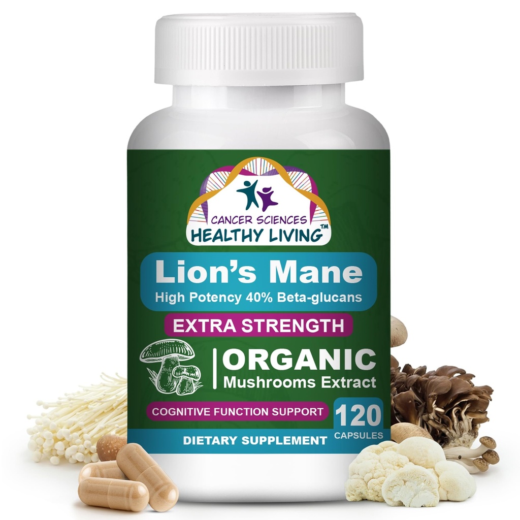 Cancer Sciences Organic Lions Mane Houbový dodatek Kapsle pro muže a ženy - 1,500mg Mozkové doplňky pro paměť a zaměření - Vysoká potence 40% Beta- Glukans - Nootropní Houbový komplex, 120 Počet