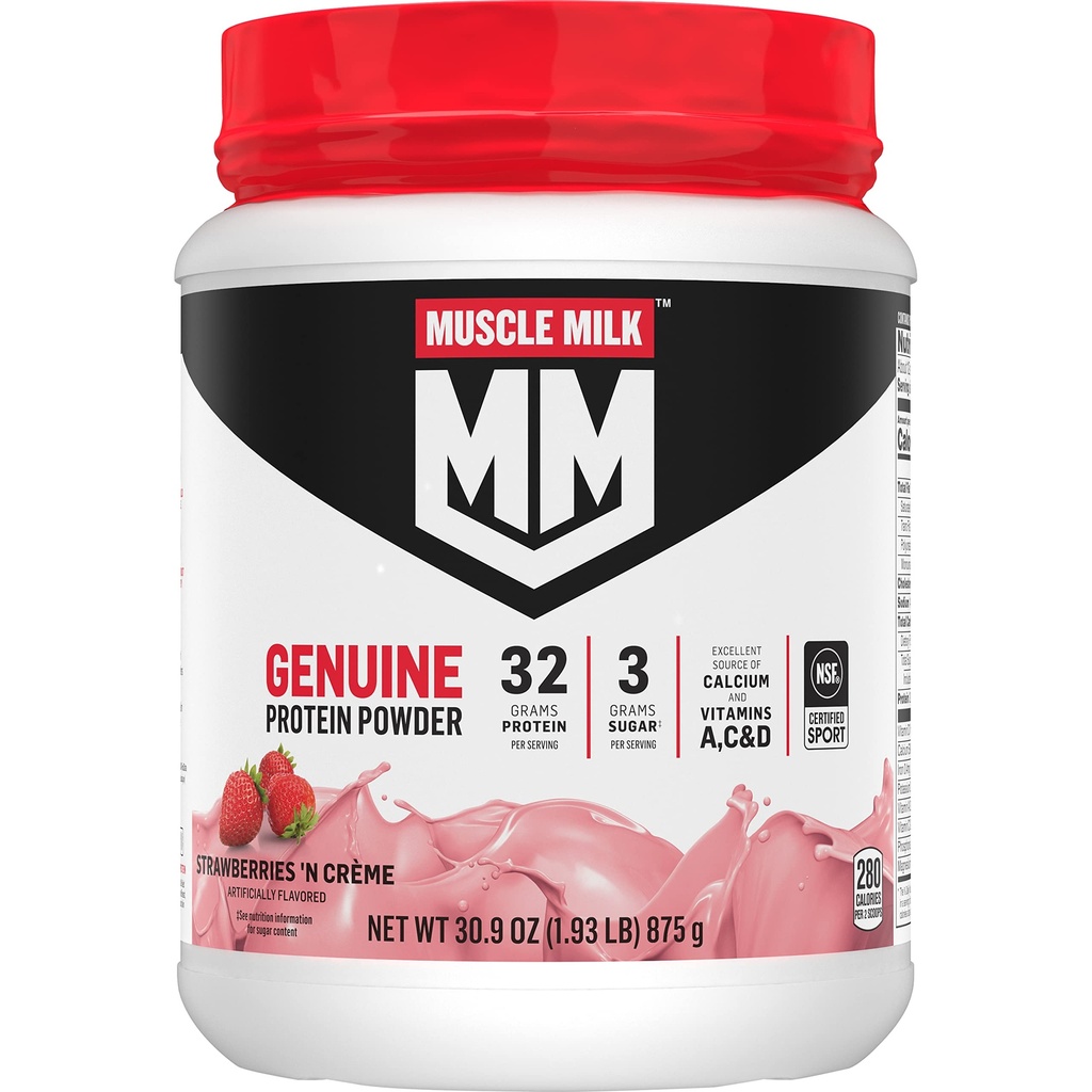 Muscle Milk Genuine Protein Powder, Jahody 'N Crème, 1,93 Pounds, 13 Servings, 32g Protein, 3g Cukr, vápník, vitaminy A, C & D, NSF Certified for Sport, Energizing Snack, Balení květen Vary