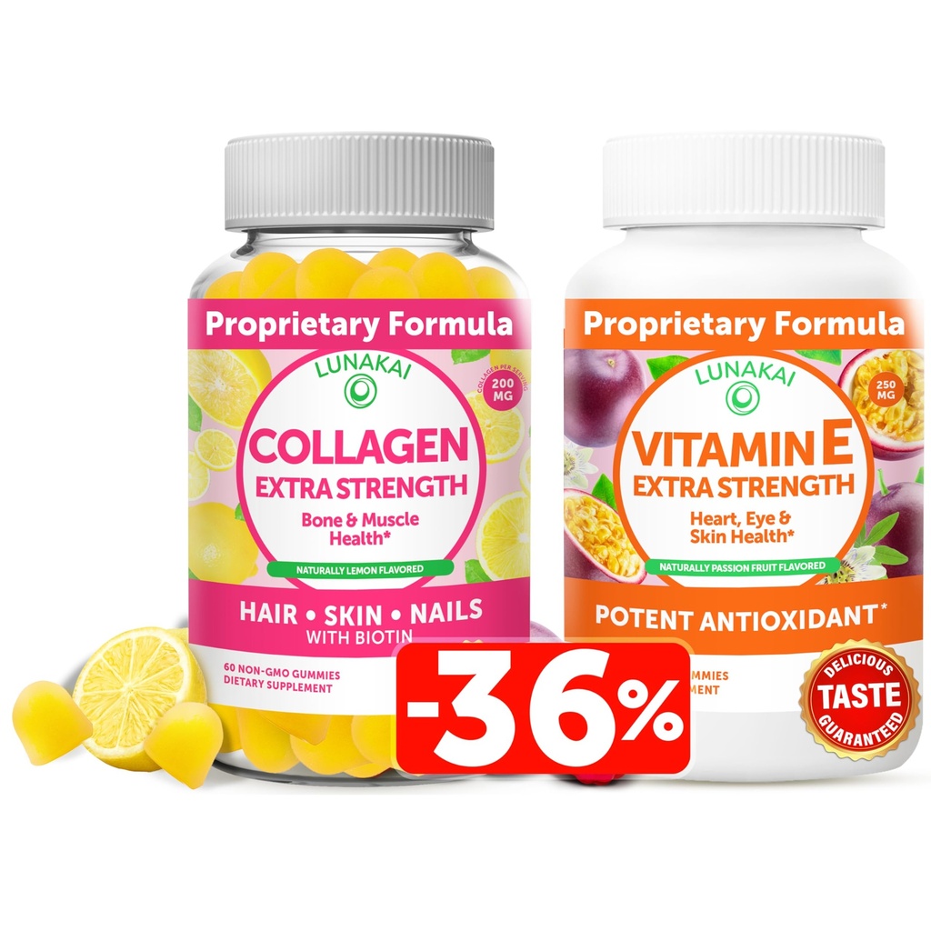 Lunakai kolagen a vitamín E Gummies Bundle - Non- GMO proti stárnutí doplňky pro muže a ženy - Přírodní žvejka s vitaminem C & 250 mg přírodní VIT E