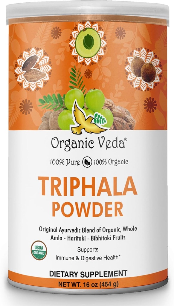 Organic Veda Triphala Powder with Amla, Haritaki, Bibhitaki Fruits - 100% přírodní Ayurvedic Triphala Powder - Zlepšuje imunitní podporu, Digestion, Colon Cleanse, Skin Health - Vegan, Non- GMO - 16oz