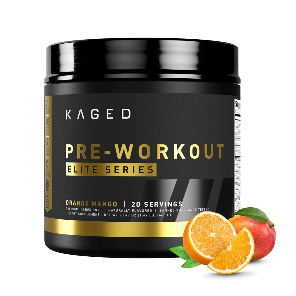 Kaged Pre Workout Powder Pre- Cvičení Elite pro muže a ženy, High Stimulant for Energy, Focus, Čerpadla, L- Citruline, Beta Alanin, Creatine & 388mg of Organic Caffeine, Orange Mango