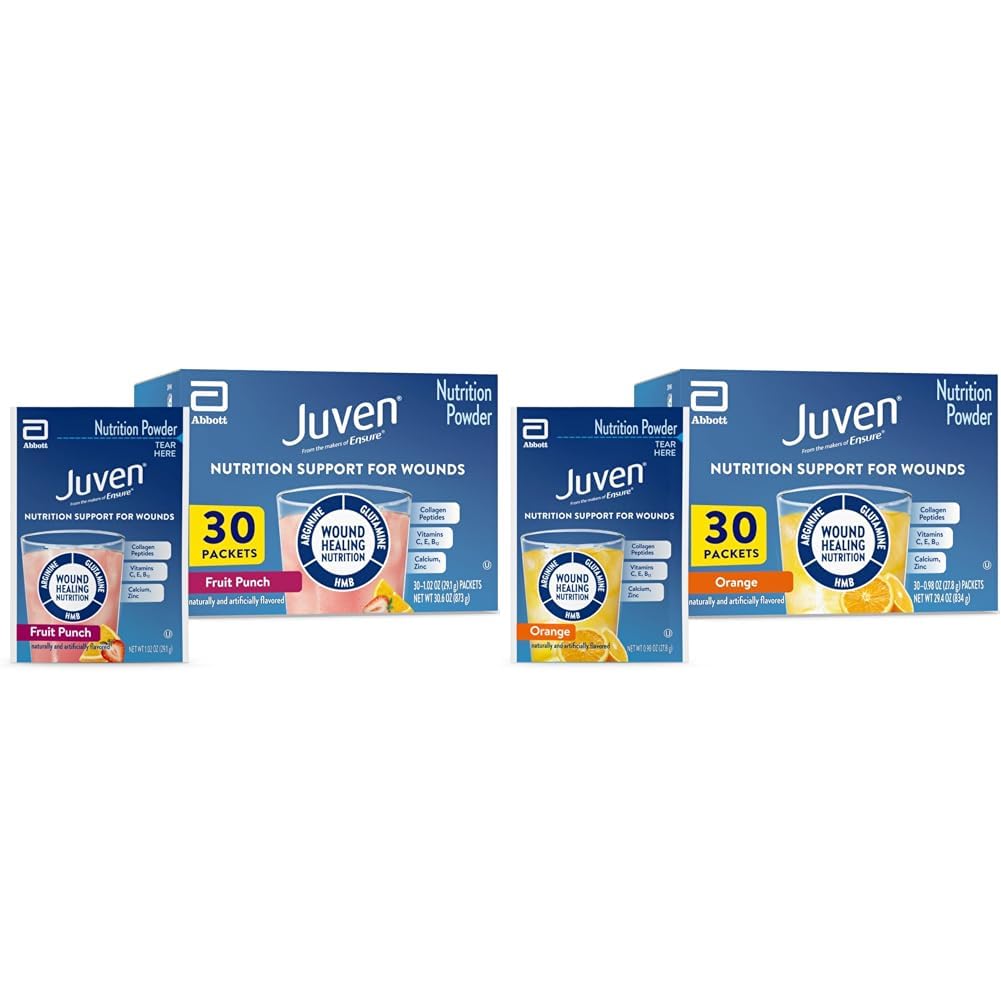 Juven Terapeutické Nutrition Drink Mix Powder for Wound Healing Support, Includes Collagen Protein, Orange 30 Count & Fruit Punch 30 Count, 60 Total Packets
