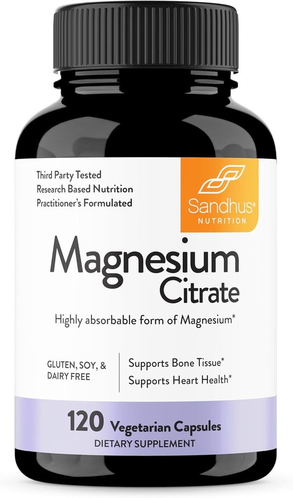 Sandhu 's Magnesium Citrát Vysoce absorbovatelné gluten, Soy Diary Free No Fillers 120 Vegetariánské kapsle