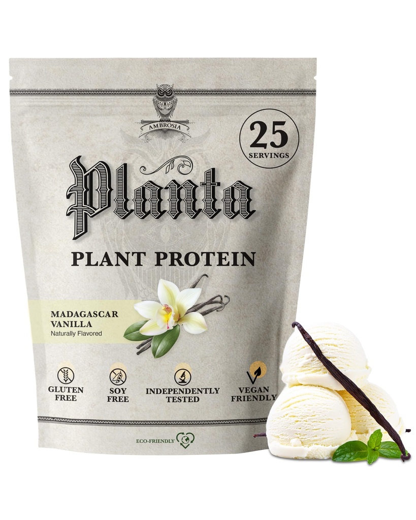 Ambrosia Planta - Premium Plant- based protein current 124; Vegan & Keto Friendly currency currency 124; Gourmet Flavors with No Floating or Stomach Upset current 124; Gluten & Soy Free current 124; No Add Sugar currency 124; 25 Servings currency 124; Vanilla