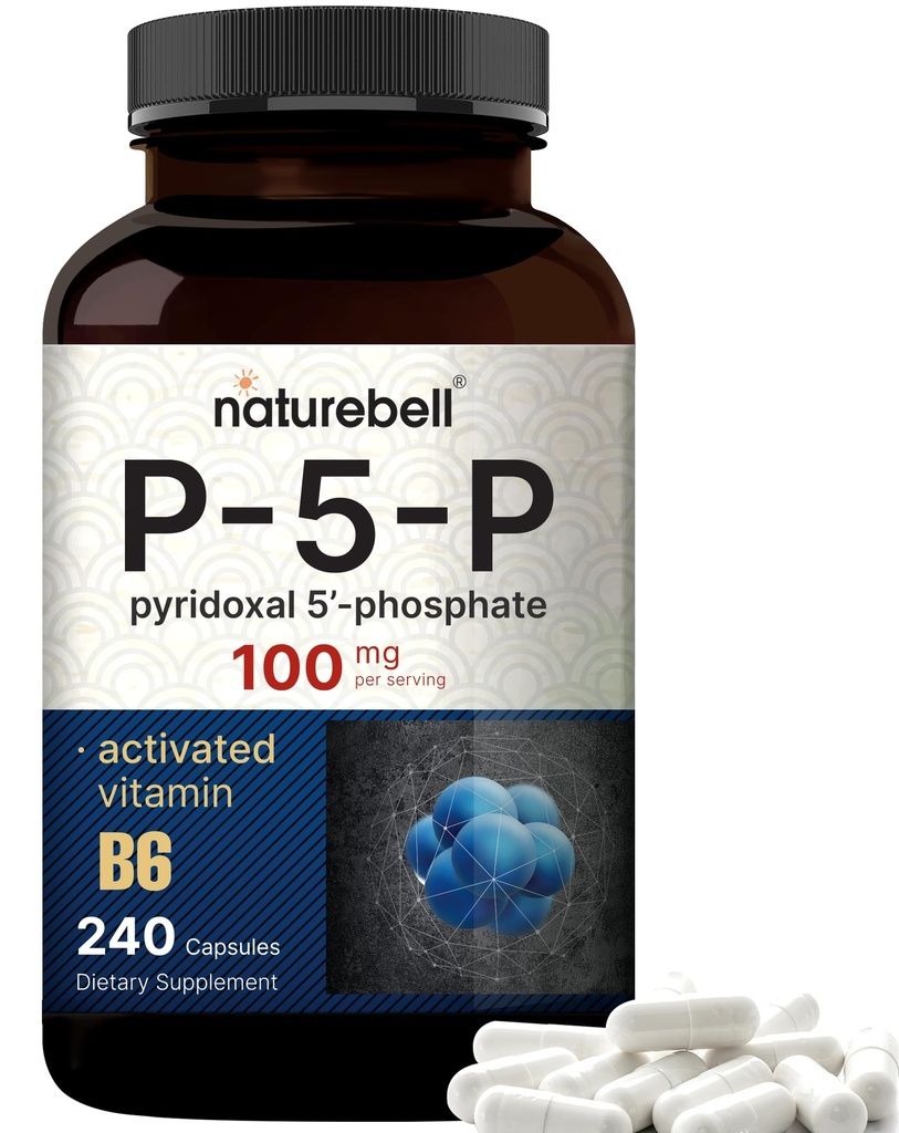 NatureBell P5P Vitamin B6 100mg per Serving, 240 Kapsle 124; Aktivované Pyridoxal 5 Fosfátové doplňky - Esenciální B vitaminy pro mozek a paměť zdraví - Non- GMO