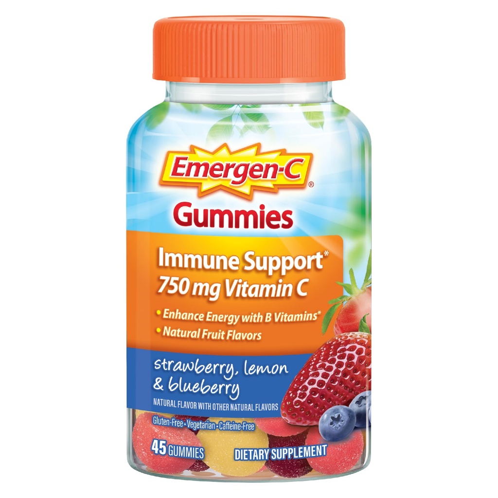 Emergen- C 750mg Vitamin C Gummie pro dospělé, Imunitní podpůrná gumy, Bezlepkové, Jahodové, Citrónové a Borůvkové lupínky - 45 Počet