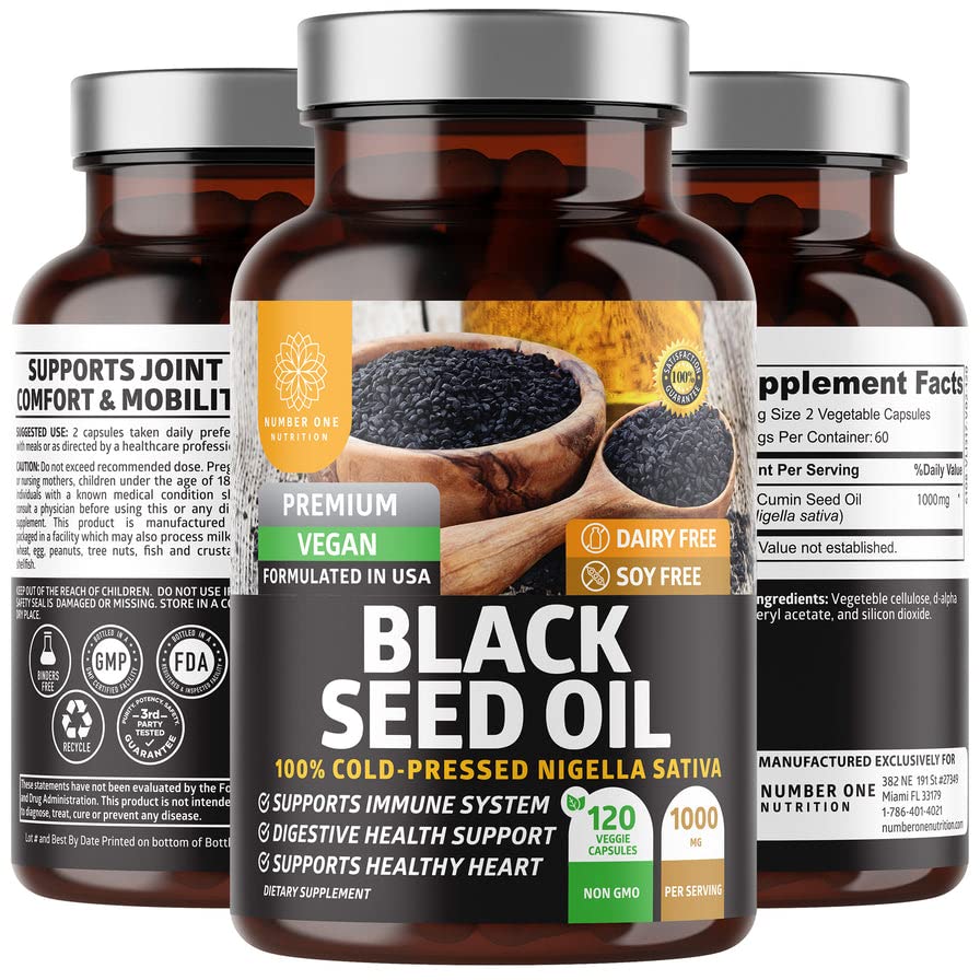 Nutriční N1N Premium Black Seed Oil [Max Strength, 1000 mg] 100% Cold- Pressed Nigela Sativa na podporu trávení, imunitního systému a společného komfortu a mobility, 120 Caps