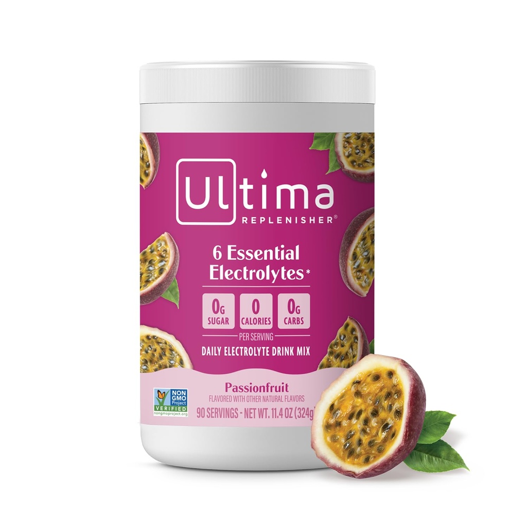 Ultima Replenisher Daily Electrolyte Powder Drink Mix - Sugar Free - Passionfruit, 90 Servings - Hydration Powder with 6 Key Electrolytes and Trace Minerals - Keto Friendly, Non- GMO