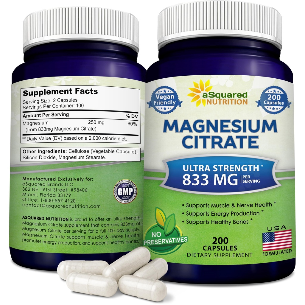 aSquared Nutrition Magnesium Citrát 833mg Dodatek - 200 Kapsle - Max síla Vegan Mag Citrát Práškové pilulky na podporu čisté funkce svalů, srdce a kostí - Pomáhá zvýšit energii