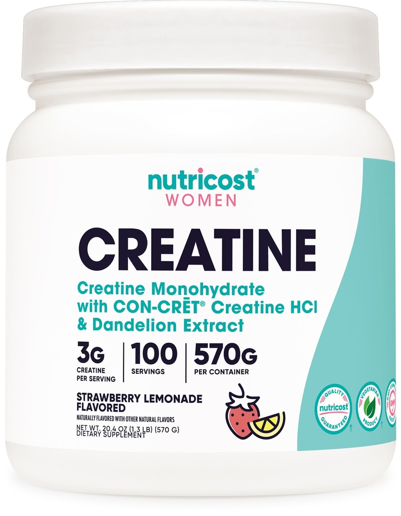 Nutricost Creatine Monohydrát Prášek pro ženy, Mikronizované, Jahodová limonade, 100 Služebníků - Vegetariánské, Non- GMO, gluten zdarma