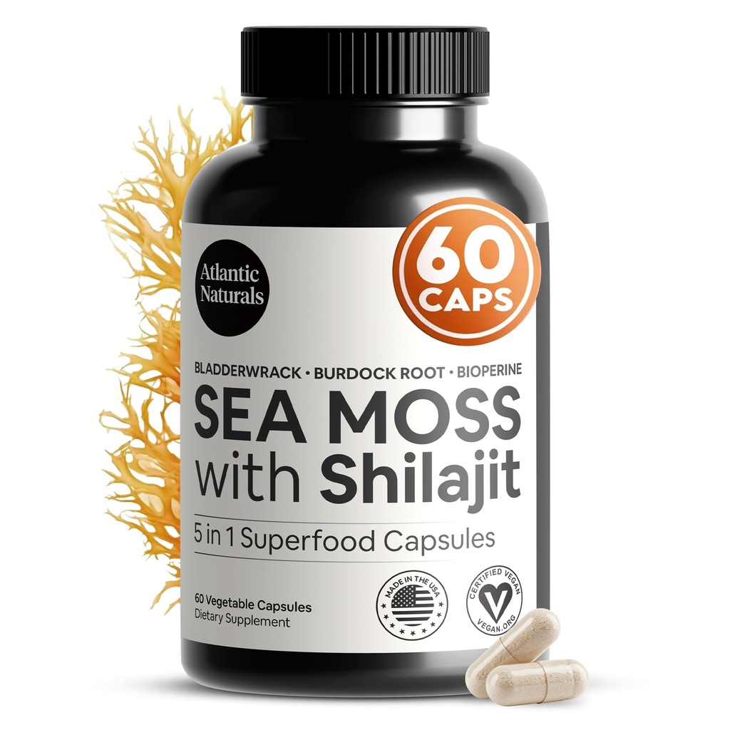 Atlantic Naturals Sea Moss and Shilajit Capsules - 5- in-1 Seamoss Shilajit Combo with Bladderwrack, Burdock Root & Black Pepper - Moss Moss doplňky pro absorpci a vitalitu - 2705 mg - 60 Počet