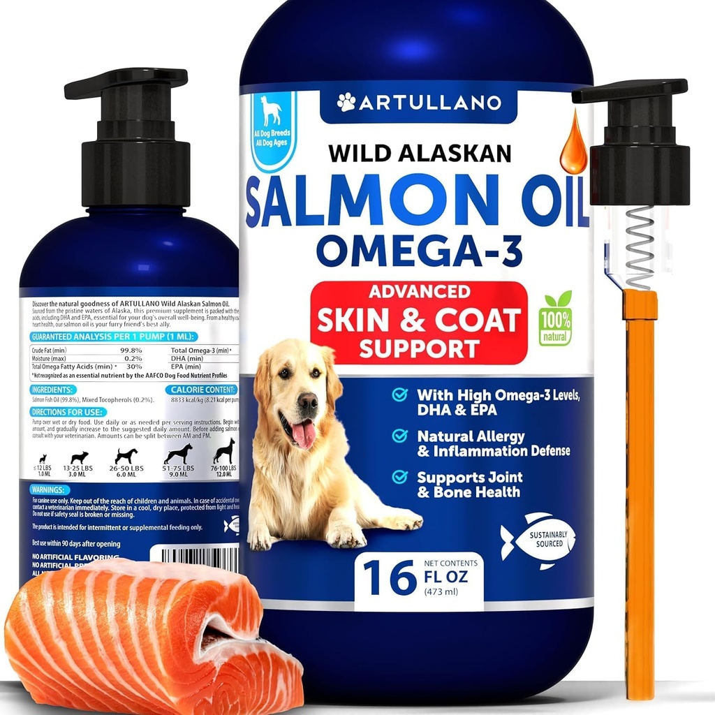 Lososový olej pro psy - Omega 3 pro psy - 16 FL OZ Wild Aljašský losos Fish Oil - Přírodní EPA & DHA mastné kyseliny pro kůži & Coat, alergie, kloubní a kostní zdraví - Tekuté Supplement for Shedding
