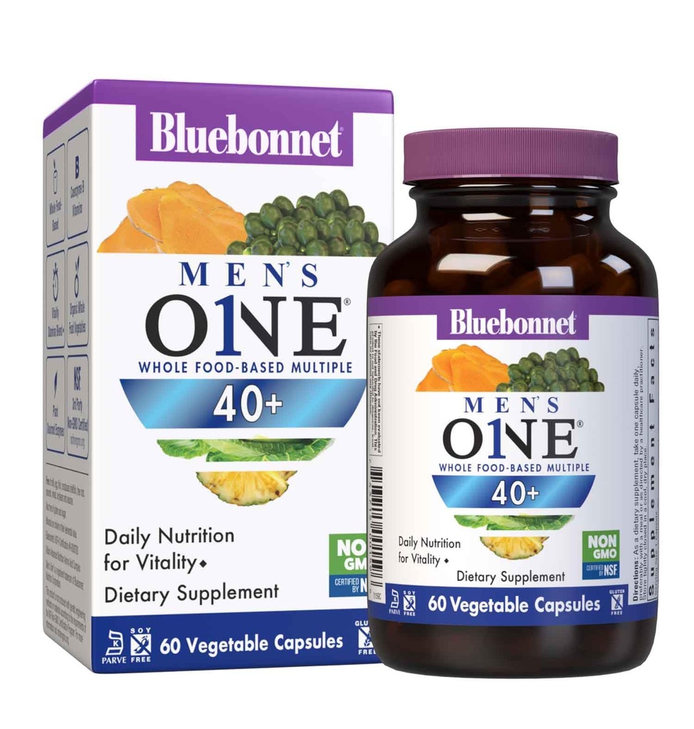 Bluebonnet Nutrition Mens 'ONE 40 + Whole Food- Based Multiple, Men Multivitamin pro muže 40 +, Soy- Free, Non- GMO, Gluten Free, Kosher, 60 Rostlinné kapsle, 60 Služeb
