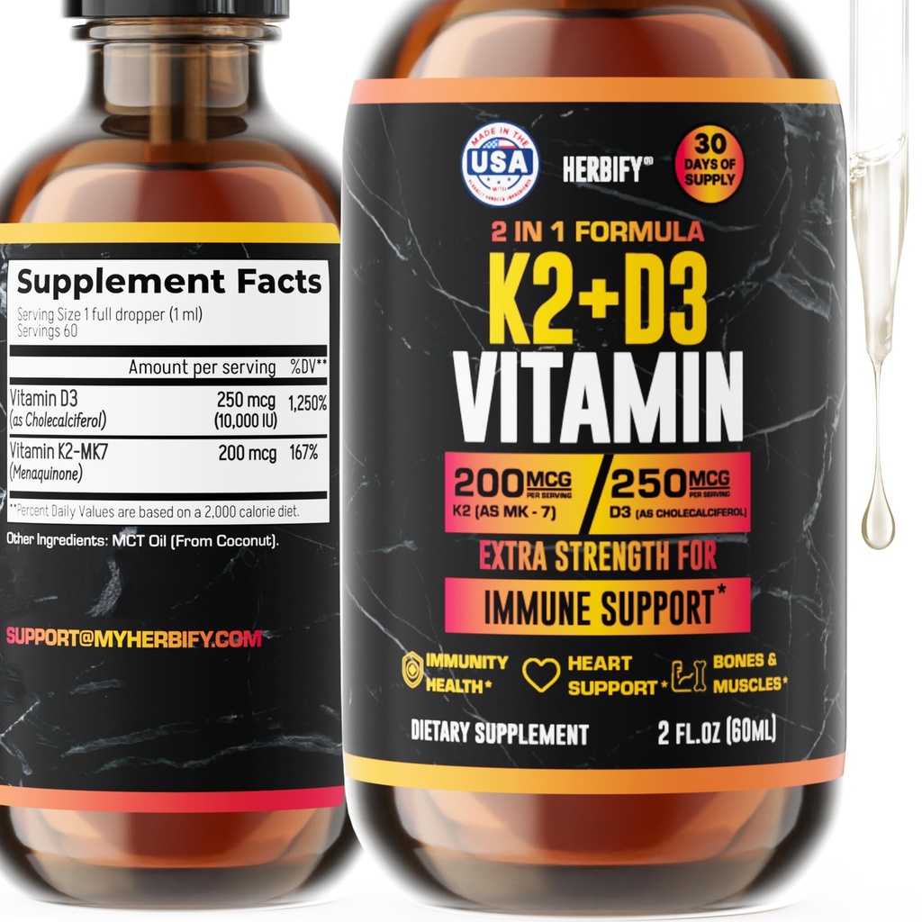 Vitamin D3 K2 Kapky - tekuté vitaminy pro ženy, muže a dospívající - Kostní doplňky - D3 K2 Mt Vitaminy pro imunitní podporu a zdraví srdce - Vitamin D3 10000 Iu Tekuté K2 Kapky - 2 oz