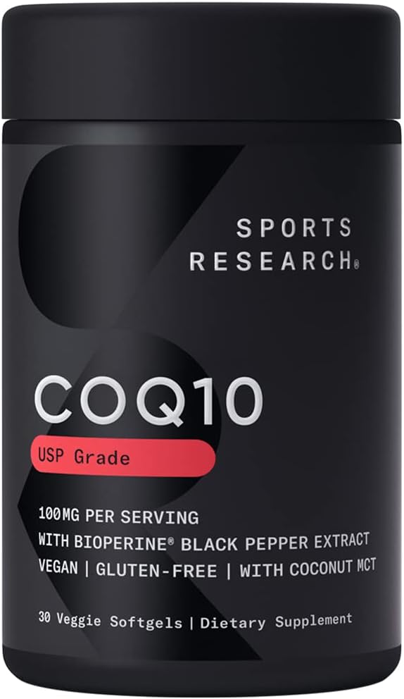 Sportovní výzkum CoQ10 (100mg) Enhanced w / Coconut Oil & Bioperin (Black Pepper) pro lepší absorpci 124; Vegan, Non- GMO ověřené (30 Veggie Softgels)