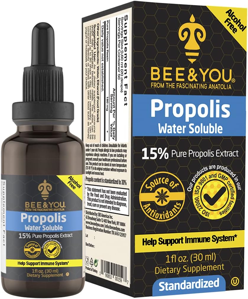 BEE and You 15% Pure Propolis Water Soluble Extract - High Potency - Zero Sugar - Zero Calorie - Natural Imunitary Support & Sore Throat Relief Antioxidants, Keto, Paleo, Gluten- Free, 1 Fl Oz