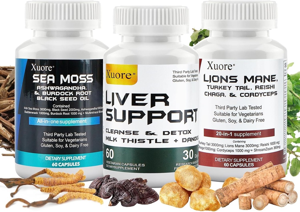 Mos, Black Seed Oil, Houba & Herb dodatek s Lions Mane, Turecko Tail, Reishi, Cordyceps, Chaga, A vyčištění jater a Detox & Opravy - s Mlékem Thistle, All In One Supplment (3 balíčky).