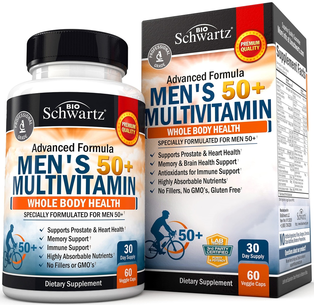 Jednou denně multivitamin pro muže 50 a více - Doplněk pro podporu srdečního zdraví - se zinem, A, B, C, D3, E vitaminy - pro podporu paměti a mozku - Určeno pro zdraví celého těla - 60 Počet