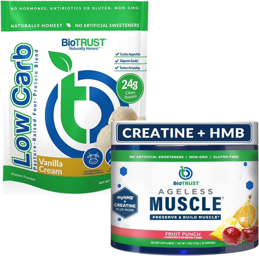 BioTrust Ageless Muscle (Ovocný punč) a nízký karb Multi protein (Vanilla Cream) Bundle