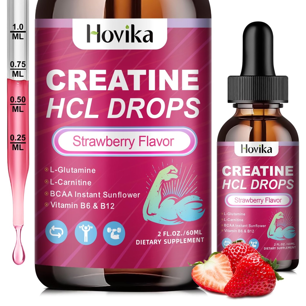 Kreatin HCL kapalné kapky pro muže a ženy, kreatin hydrochlorid s L- karnitin, L- glutamin, BCAA, vitamin B12 & B6 pro růst svalů, podporovat energii a recovery- Vegan, Jahodové aroma, 2 Fl Oz