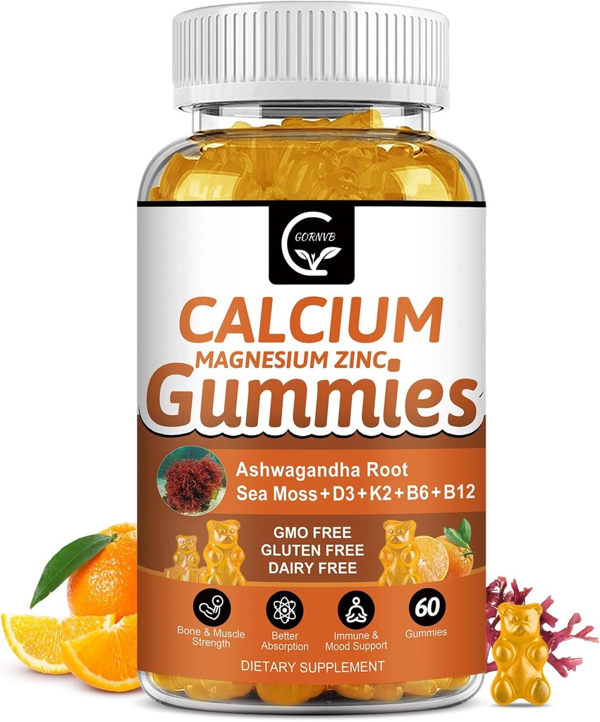 1200mg vápníkové gumy s vitaminem D3, K2, B12 & B6 - Komplexní rostlinný doplněk hořčíku s glycinátem, draslíkem, mořským mosem, Ashwagandha kořen pro sílu kostí a zubů, svalovina a imunita
