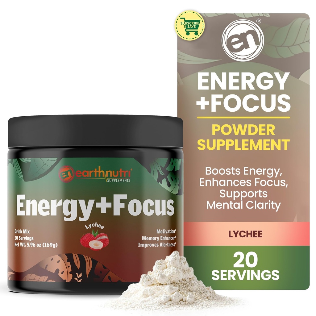 EarthNutri Energy + Focus Powder Supplement - Energy Boost & Helps Concentration with PeakO2, AlphaSize, Cognizin, PurCaf, Theacrin, Acetyl L-Carnitin L-Tyrosin - Lychee Flavor - 20 Služeb (171g)