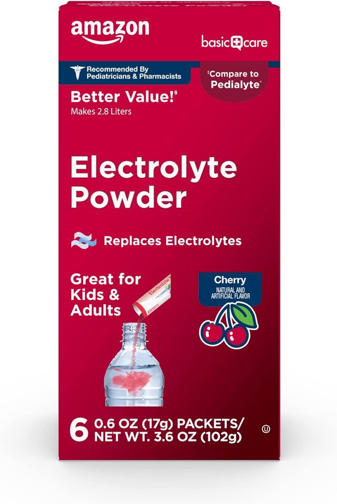 Basic Care Electrolyte Powder Packets pro děti a dospělé, Cherry Flavor, 6 počet (balení po 1)