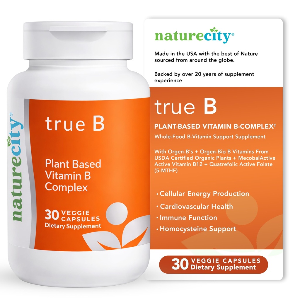 NatureCity True-B Plant- Based Super B vitamin Complex Dodatek 124; Vyrobeno z certifikovaných oraganských celých potravin zdroje rostlin s aktivním folátem a vitamin B12 - (30 Veggie Kapsle)