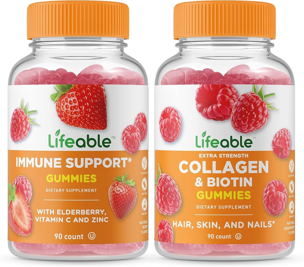 Živá imunitní podpora + Collagen & Biotin, Gummies Bundle - Velký přípitek, doplněk vitamínu, gluten zdarma, GMO zdarma, Žvýkací žlab