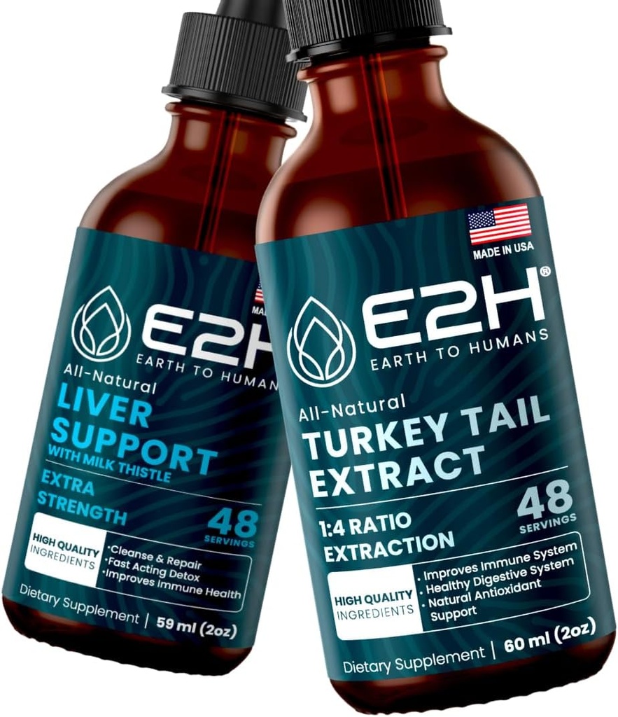 E2H: Dodatek k podpoře jater a Turecko Tail houba extrakt 124; Vegan, Non-GMO - 2 Fl Oz každý (4 Fl Oz celkem) - Bundle