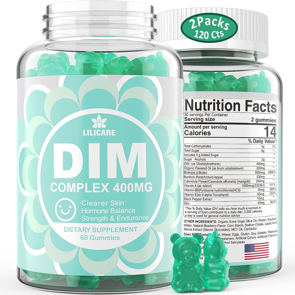 DIM doplněk ženy 400mg, Estrogen doplněk pro ženy, Cukr zdarma DIM gumy pro muže a ženy + Biotin, Flaxseed Oil, Burdock, Calendula, BioPerine pro Hormon Balance, Menopauza & Prostate 120Cts
