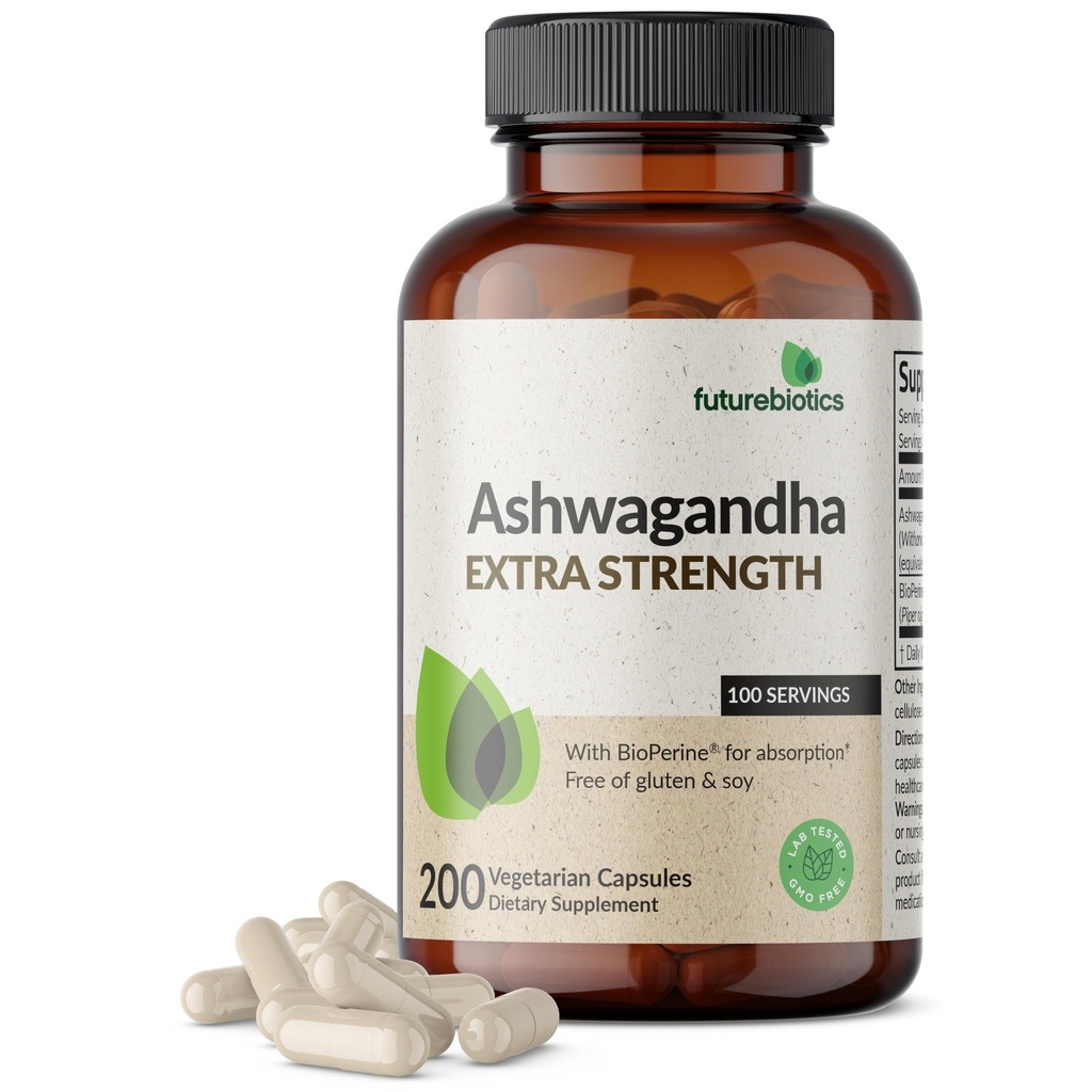 Futurebiotika Ashwagandha Extra síla Stress & Mood Podpora s BioPerine - Non GMO Formule, 200 Vegetariánské kapsle