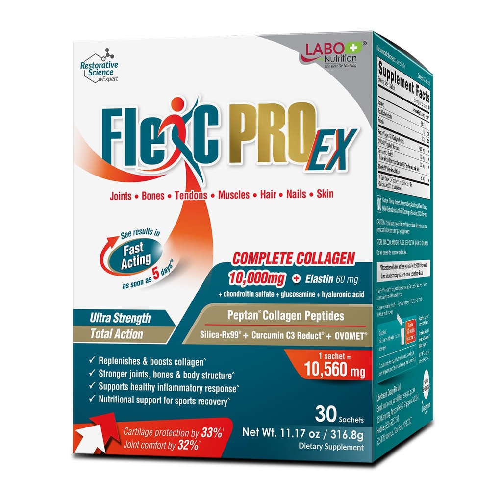 LABO Nutrition FlexC PRO EX, Full Spectrum Collagen, Typ I, III, V & X, Peptan Collagen, Eggshell Membrane, Volitelný oxid křemičitý a kurkumin C3 Reduction, pro vlasy, kůže, hřebíky, klouby, kosti, svaly