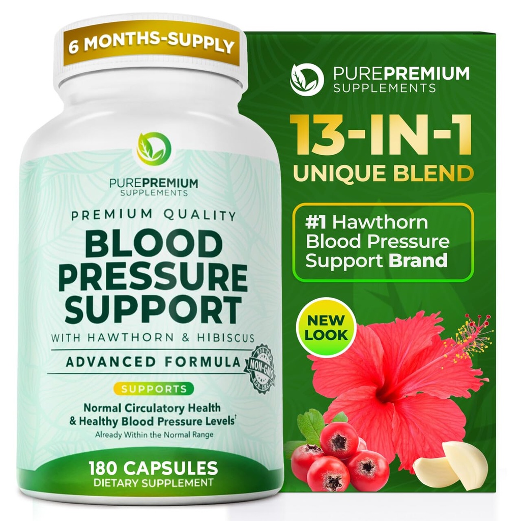 PurePremium krevní tlak doplňky s Hawthorn Berry, Hibiscus, Česnek a vitamín B12 - Oxid dusnatý dodatek pro normální srdeční zdraví, oběhové zdraví a krevní tlak podpora - 180ct