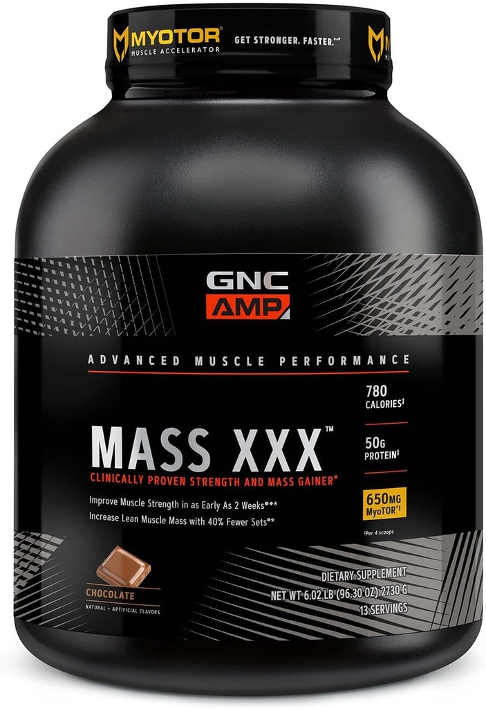 GNC AMP hmotnost XXX, Klinicky osvědčený hmotnost Gainer protein prášek, zlepšuje sílu a velikost, 780 kalorií, 50g protein, Mikronizované aminokyseliny, Creatin, Betaine, Čokoláda, 13 Služební, 6 Pounds