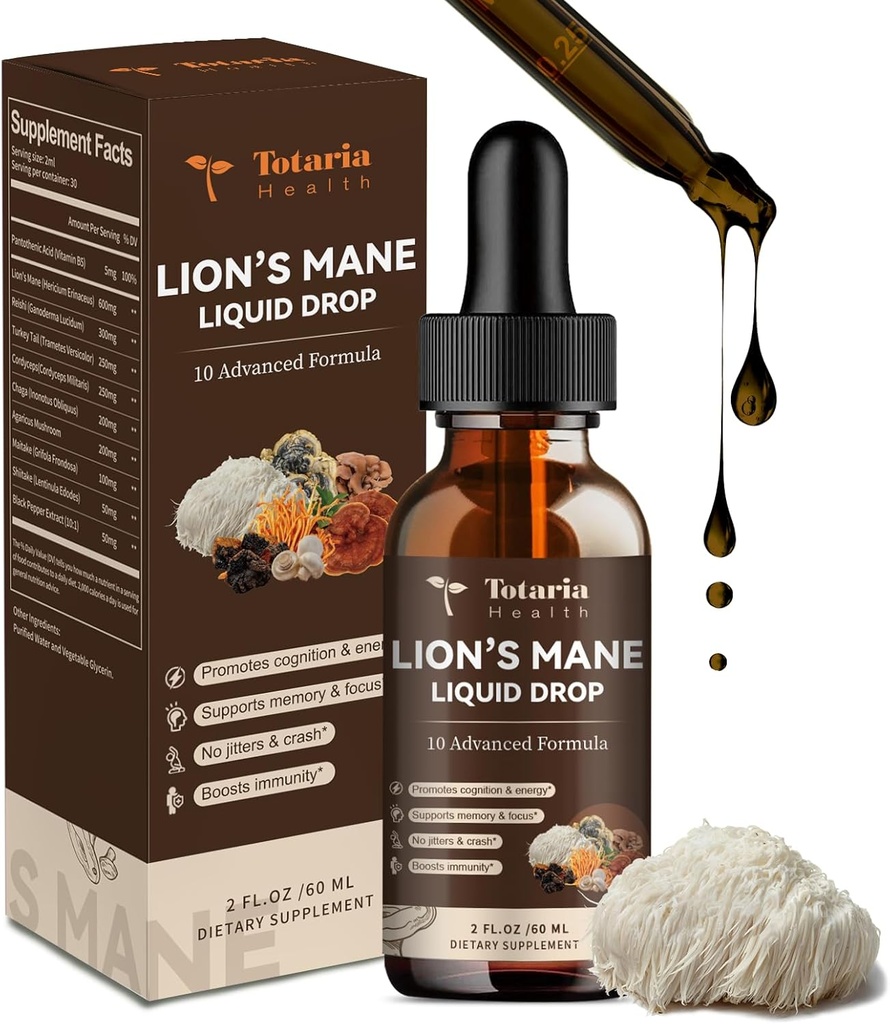 Lions Mane dodatek - Organic Lion 's Mane Houba dodatek Extract Liquid kapky prášek - Brain Support Imunitary Memory Focus Non- GMO, gluten- Free, Vegan přírodní tinktura Superfood