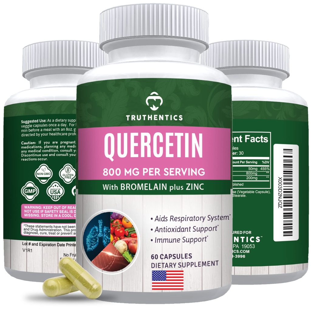TRUTHENTIKA Quercetin s bromelainem a zinem 1050mg - Premium zink Quercetin doplňky pro imunitní, respirační a sezónní podporu - Non- GMO, gluten zdarma - 60 Veggie Kapsle