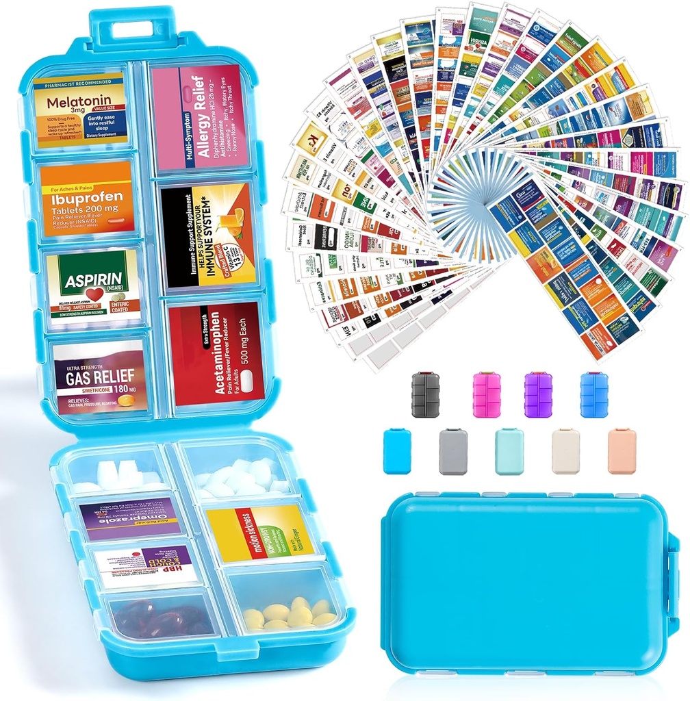 14 Grids Travel Pill Pořadatel Box s 415- Pcs Medicine Název etikety - Pocket Daily Pharmacy Case Container Kit - Travel Medication Holder Disperser for Fish Oil Vitamin Supplement Storage - Blue