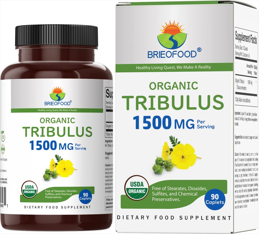 Brieofood Organic Tribulus 1500mg, 45 Servings, Vegetarian, Gluten Free, 90 Vegetariánských tablet