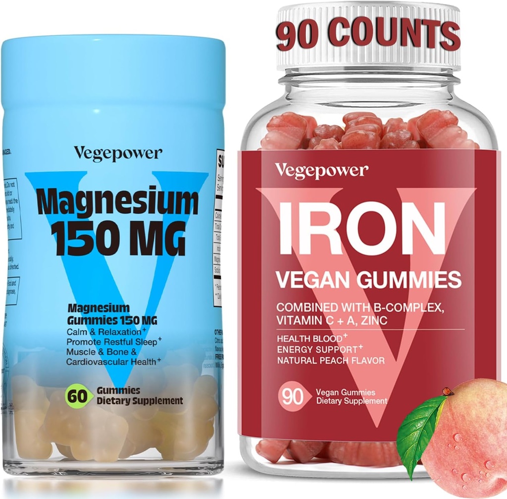 Železný doplněk s Magensium Gummies, Vegan Železné Gummies s vitamínem C, A, B-komplex, folát, zinek pro dospělé a děti, pro nedostatek železa, anémie, Relaxační spánek, Non- GMO