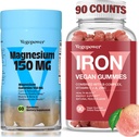 Železný doplněk s Magensium Gummies, Vegan Železné Gummies s vitamínem C, A, B-komplex, folát, zinek pro dospělé a děti, pro nedostatek železa, anémie, Relaxační spánek, Non- GMO