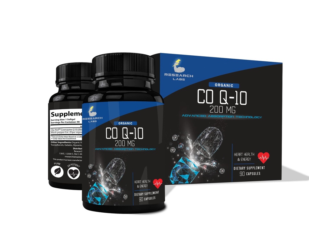 Výzkum Labs Advanced Absorpce 200mg CoQ10 w / Black Pepper Extract. 90 Softgels. Organické, Lepek zdarma, Podpora zdraví srdce, Výroba energie, Antioxidant dodatek