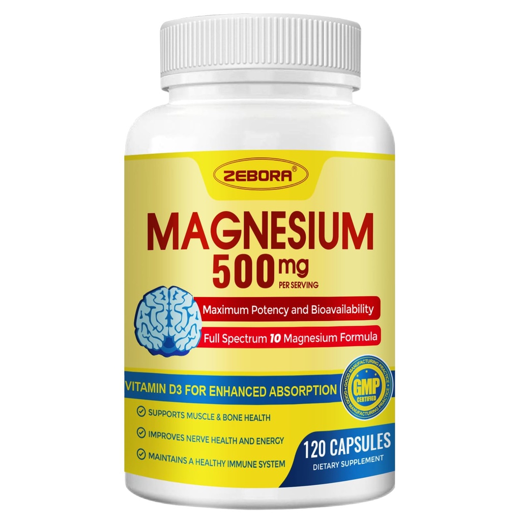 10- in-1 Magnesium Complex Supplement, Magnesium Glycinát 500 mg s citrátem a malátem, Chelated High Absorpce Plus Vitamin D3 & Zinek - pro Nerve, Muscle & Bone Support - 120 Kapsle
