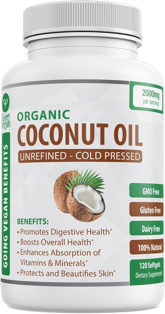 Organic Coconut Oil Kapsle 2000mg - 100% Extra Virgin, Studený tlak na zdravou pleť, Extra růst vlasů, péče o nehty, Mozkový Booster - 120 Softgels - Nerafinované čisté a jiné GMO pilulky - Bohaté na MCT