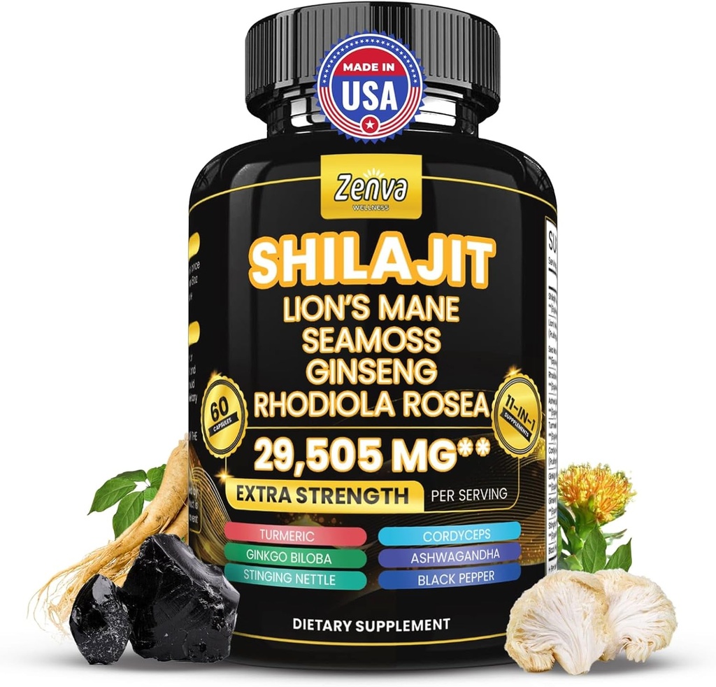 Shilajit a Moss Moss Combo Pure Shilajit pro muže a ženy Himalayan Shilajit Kapsle Extra Strength with Lions Mane, Rhoddiola Rosea, Ashwagandha, Cordyceps, Ginseng Plus Turmeric