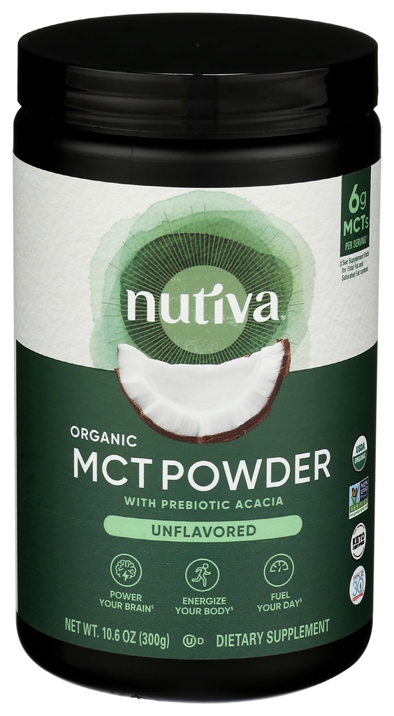 Nutiva Organic MCT Prášek s Prebiotic Acacia Fiber, Classic, 10.6 Oz, USDA Organic, Non-GMO, Non-BPA, Vegan, gluten- Free, Keto & Paleo, Instant Nápoje nebo zvýšit na kávu & Smoothies